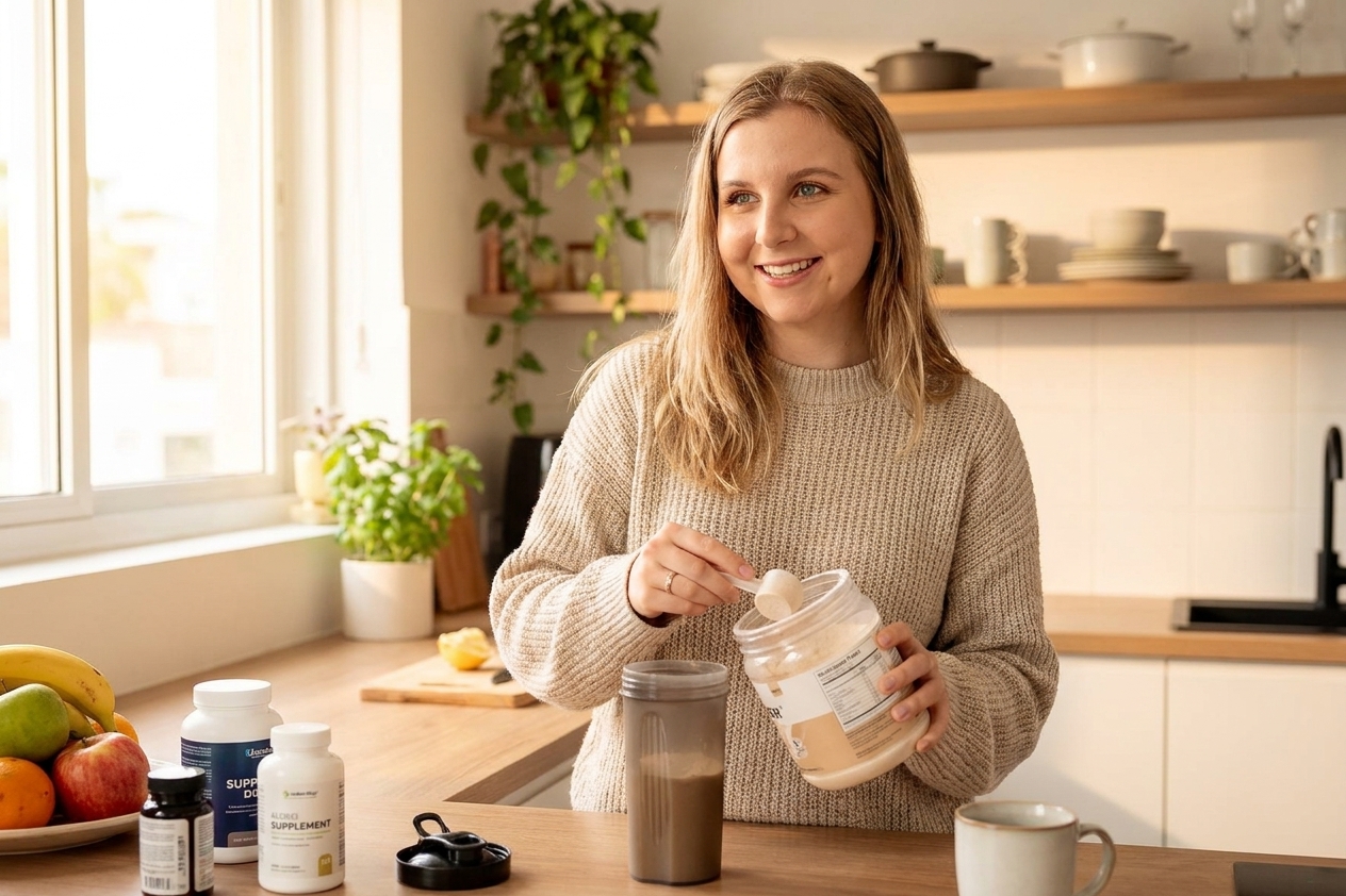 Malu preparando suplemento na cozinha