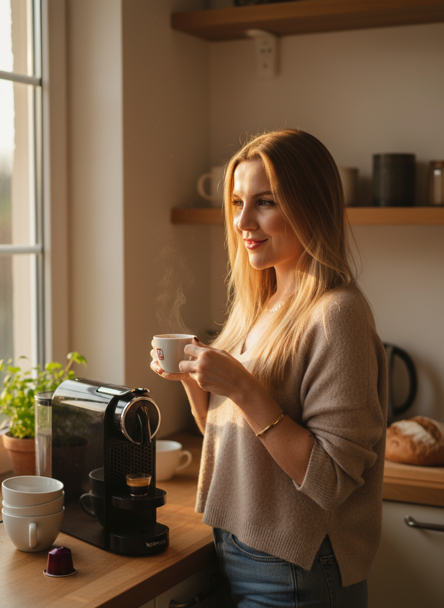 Malu usando Cafeteira Nespresso Essenza Mini
