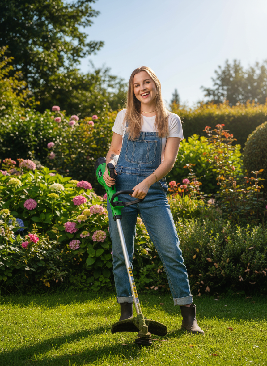 Malu usando Roçadeira Elétrica Recarregável 460W